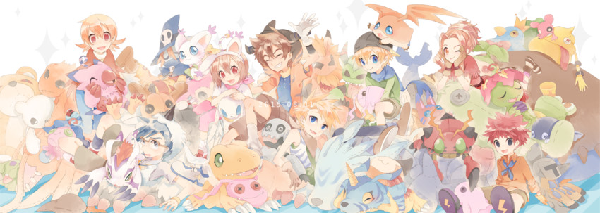 yagami hikari, yagami taichi, tailmon, agumon, tachikawa mimi, and 11 more (digimon and 1 more) drawn by huan_li