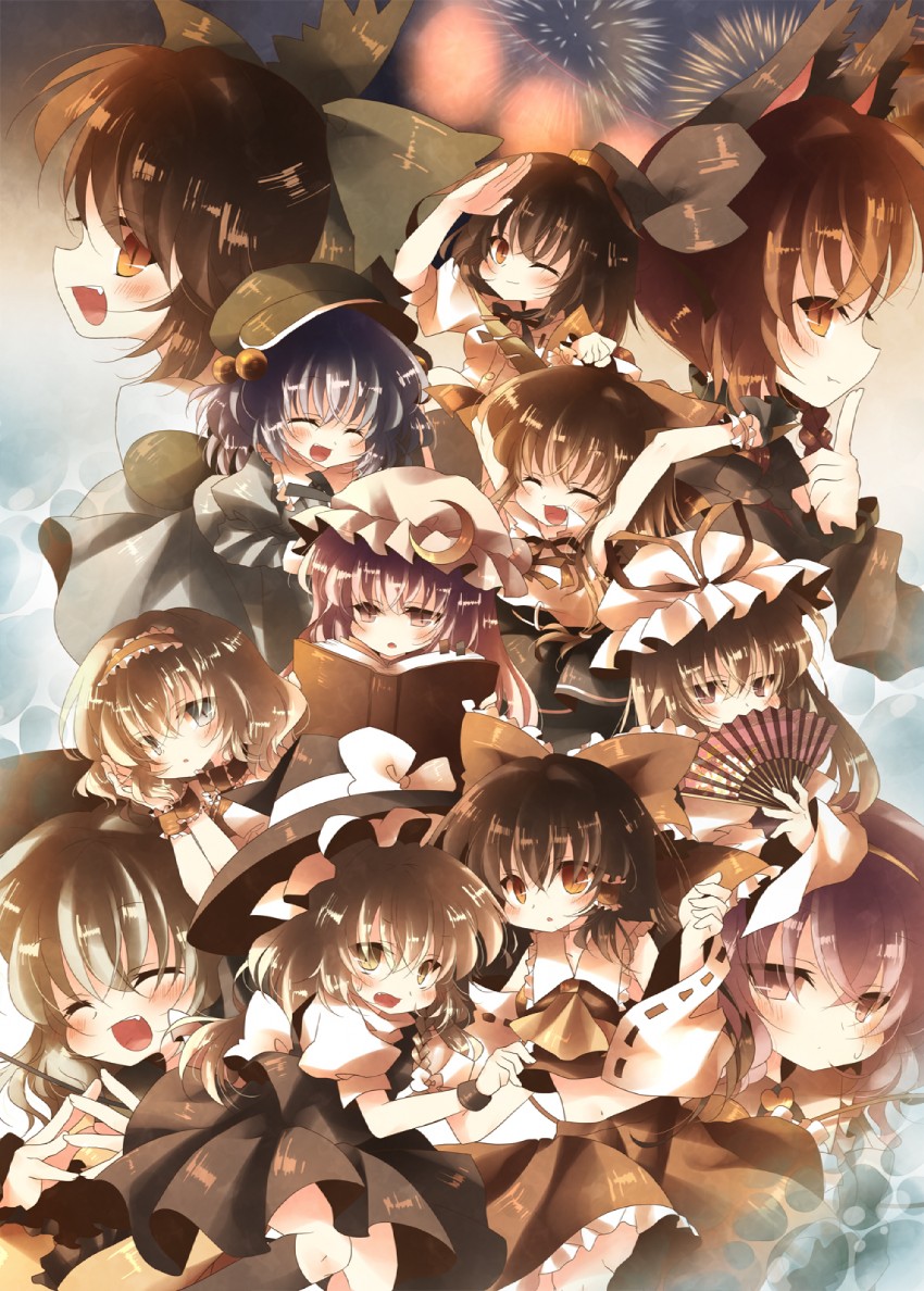 hakurei reimu, kirisame marisa, komeiji koishi, alice margatroid, patchouli knowledge, and 6 more (touhou and 1 more) drawn by anju_(mocomocousagi)