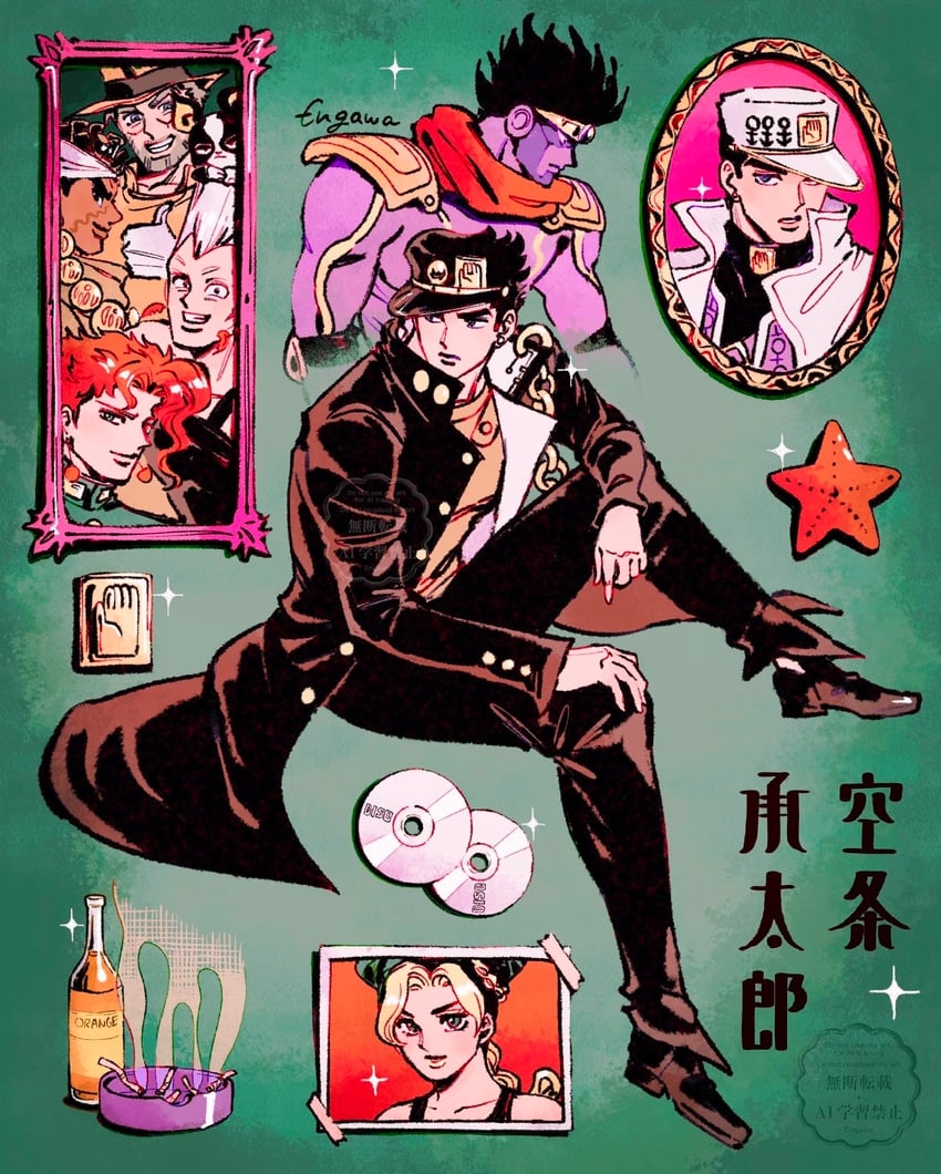 joseph joestar, kujo jotaro, kujo jolyne, kakyoin noriaki, jean pierre polnareff, and 3 more (jojo no kimyou na bouken and 3 more) drawn by sushiko_engawa