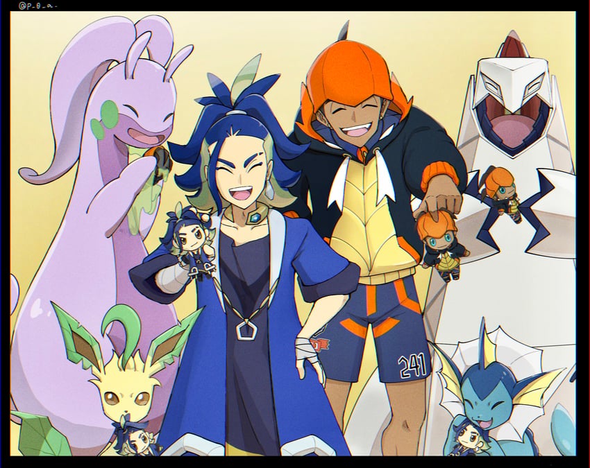 raihan, vaporeon, leafeon, adaman, goodra, and 1 more (pokemon and 2 more) drawn by p_0_a