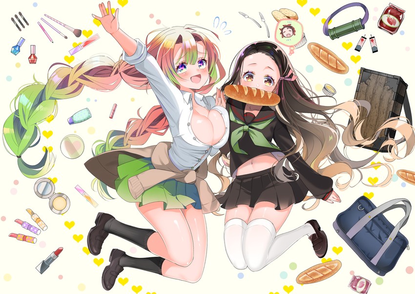kamado nezuko, kanroji mitsuri, and kamado tanjirou (kimetsu no yaiba and 1 more) drawn by piyopoyo