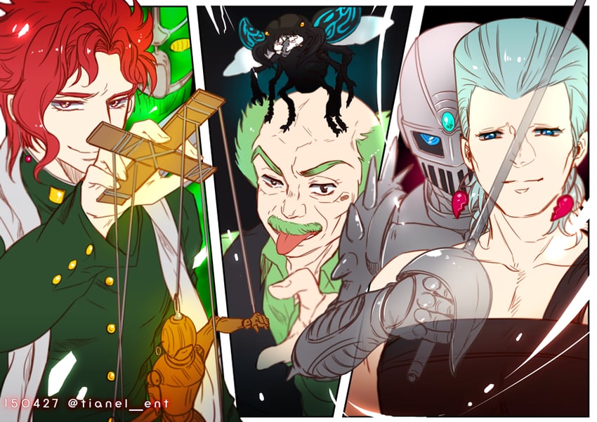 kakyoin noriaki, jean pierre polnareff, hierophant green, silver chariot, tower of grey, and 1 more (jojo no kimyou na bouken and 1 more) drawn by tianel_ent