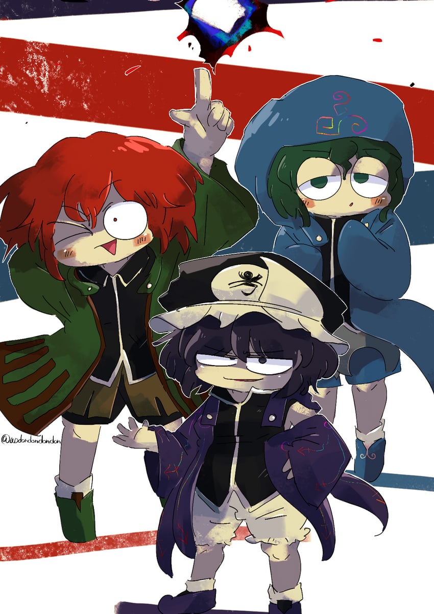 shitodo kuroji, shitodo hooaka, and shitodo aoji (len'en) drawn by aodo_mikan
