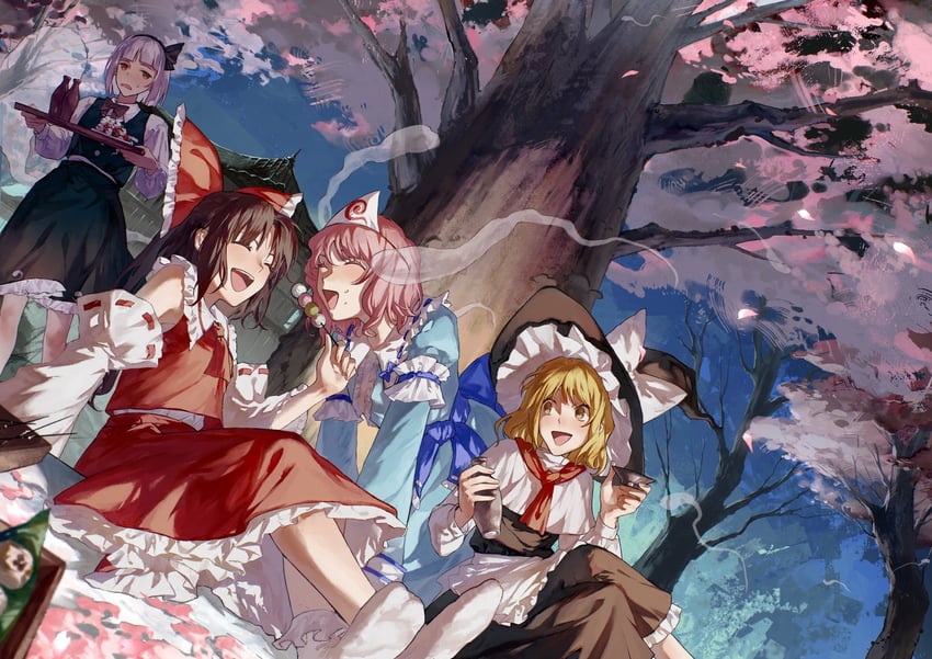 hakurei reimu, kirisame marisa, konpaku youmu, and saigyouji yuyuko (touhou) drawn by aihara-rina