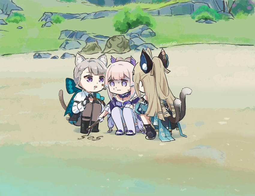 sangonomiya kokomi, lynette, and kirara (genshin impact) drawn by xinzoruo