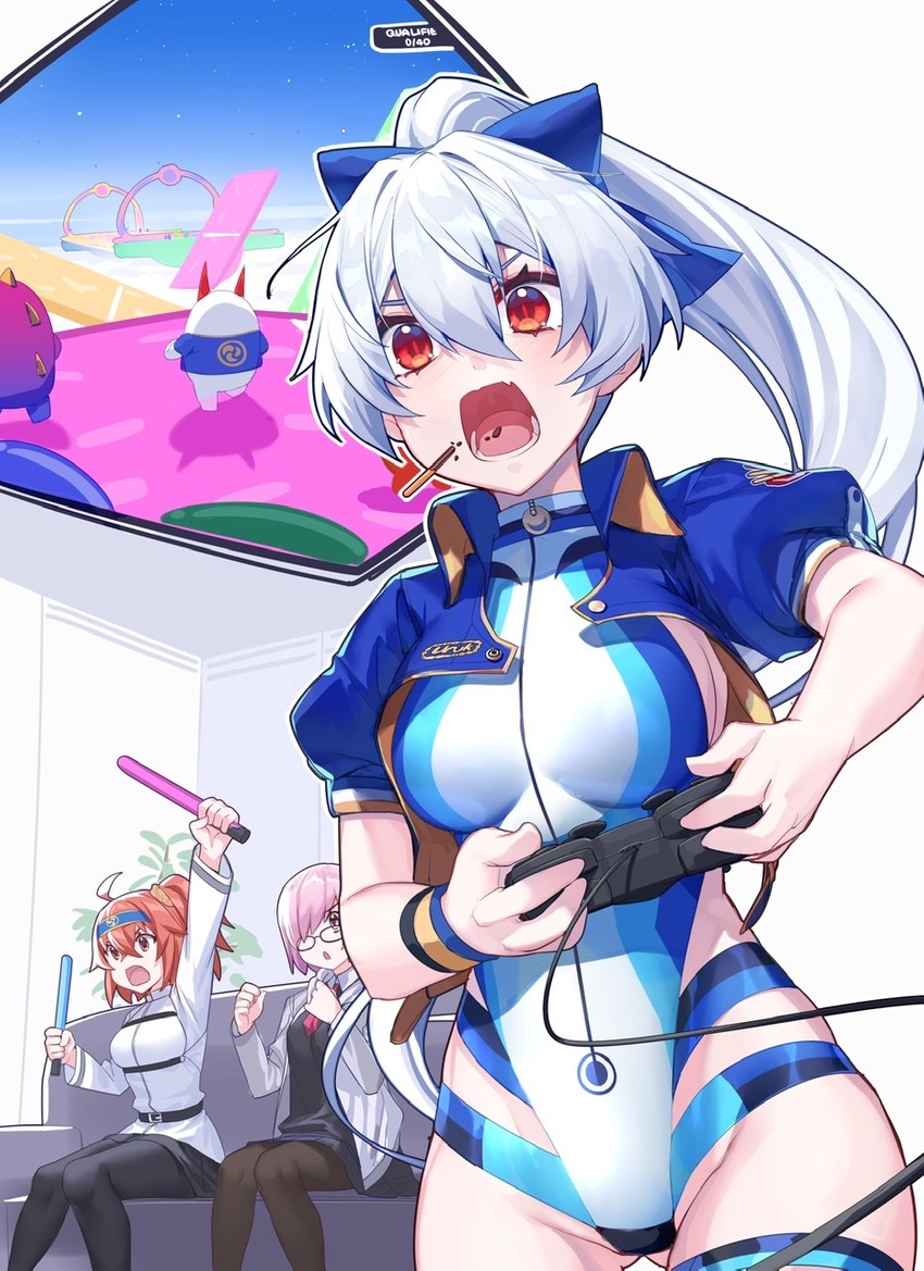 mash kyrielight, fujimaru ritsuka, tomoe gozen, and fall guy (fate and 2 more) drawn by gendo0032