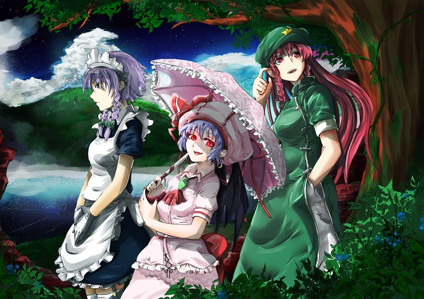 remilia scarlet, izayoi sakuya, and hong meiling (touhou) drawn by cibo_(killy)