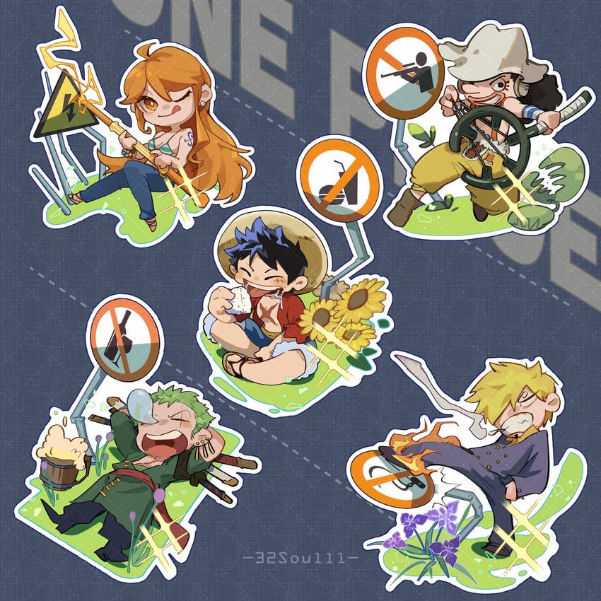 nami, monkey d. luffy, roronoa zoro, sanji, and usopp (one piece) drawn by 32soulll