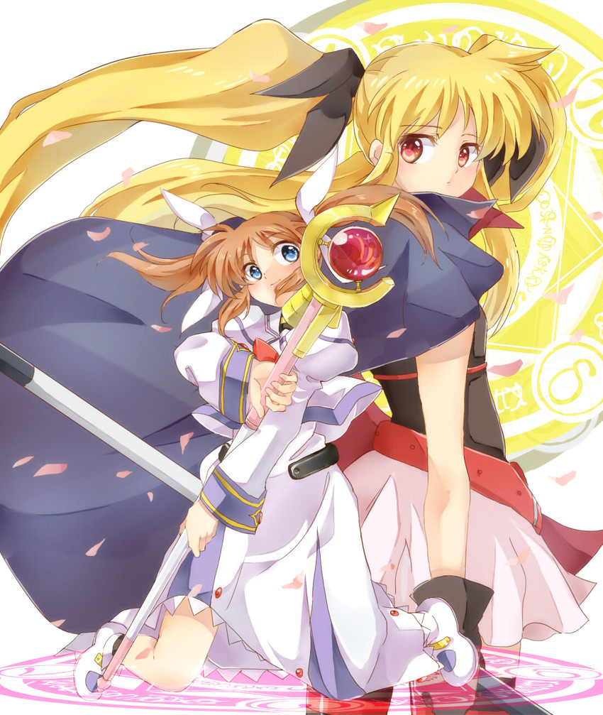fate testarossa, takamachi nanoha, raising heart, and bardiche (lyrical nanoha and 1 more) drawn by nanop38