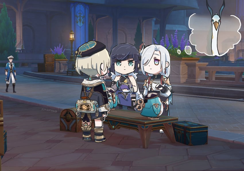 shenhe, yelan, xianyun, freminet, and cloud retainer (genshin impact) drawn by xinzoruo