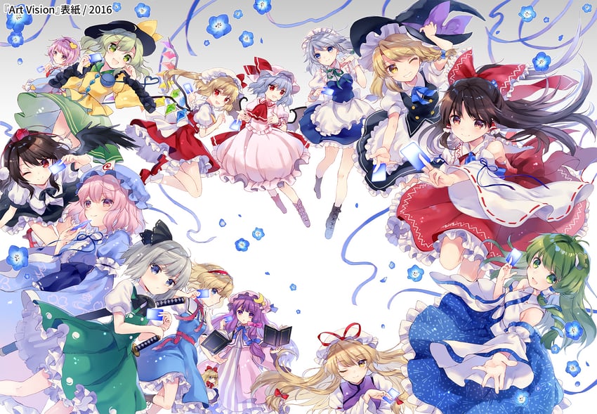 hakurei reimu, kirisame marisa, remilia scarlet, flandre scarlet, izayoi sakuya, and 10 more (touhou) drawn by torii_sumi
