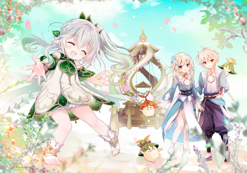 lumine, aether, nahida, and aranara (genshin impact) drawn by shirogane_hina