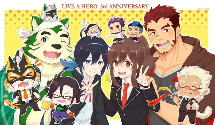 akashi, ryekie, mokdai, female protagonist, yoshiori, and 6 more (live a hero) drawn by katou_hsm153