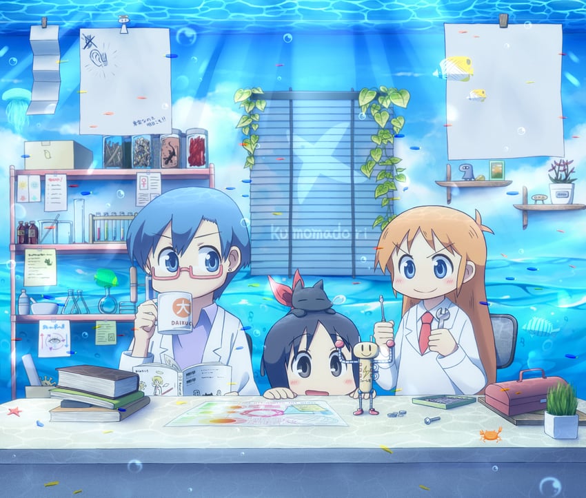 shinonome nano, professor shinonome, sakamoto, and nakamura kana (nichijou) drawn by hiroki_eiki