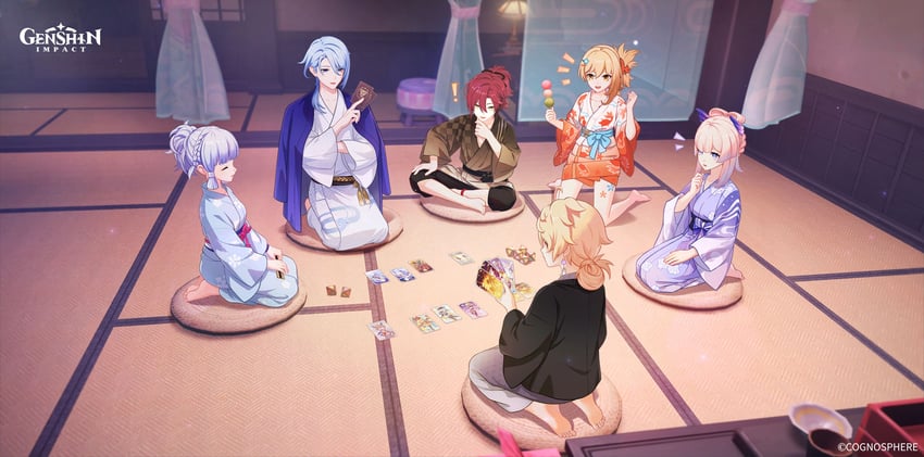 aether, kamisato ayaka, sangonomiya kokomi, yoimiya, kamisato ayato, and 1 more (genshin impact)