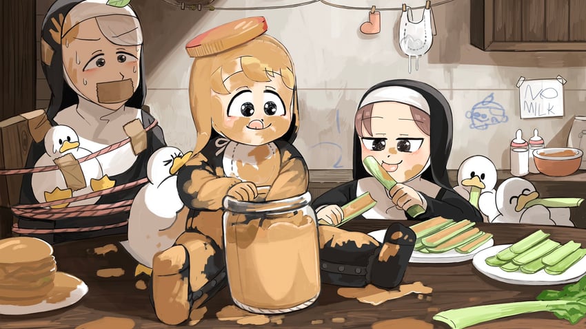 clumsy nun, hungry nun, and leaf nun (little nuns) drawn by diva_(hyxpk)