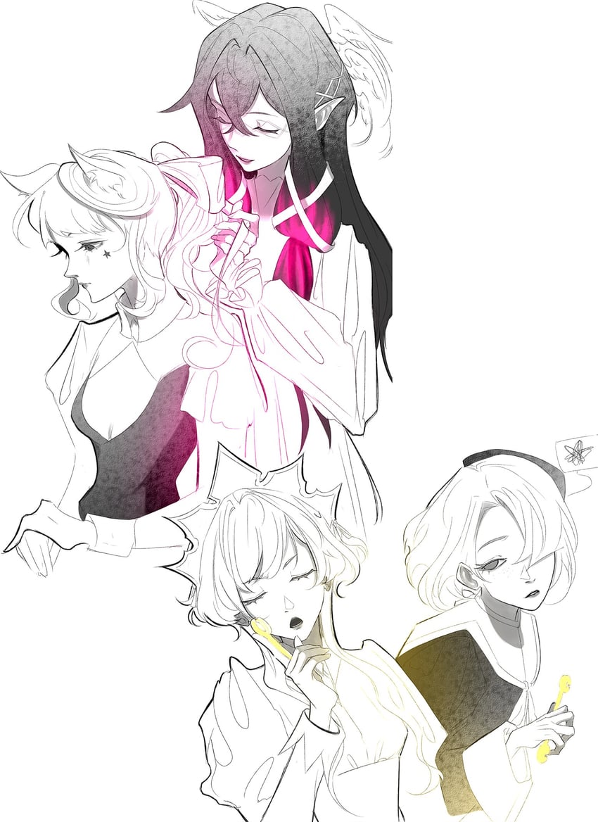 lynette, freminet, columbina, and sandrone (genshin impact) drawn by leaenil