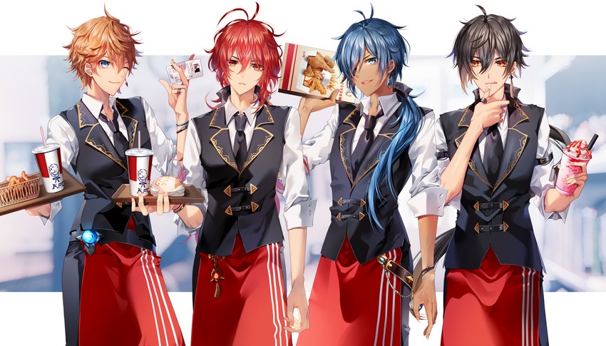 zhongli, tartaglia, diluc, and kaeya (genshin impact) drawn by urashima_(hidoro_mgmg)
