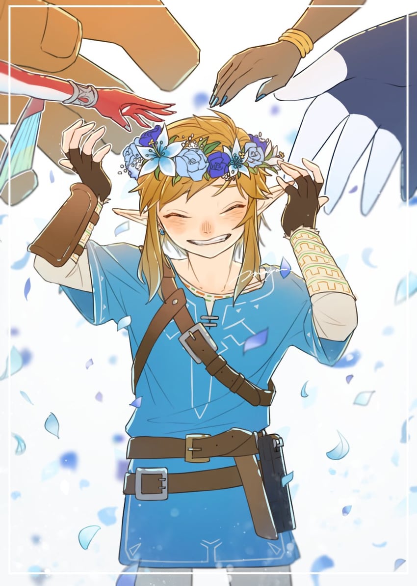 link, mipha, urbosa, revali, and daruk (the legend of zelda and 1 more) drawn by maya_(mayamayammy)