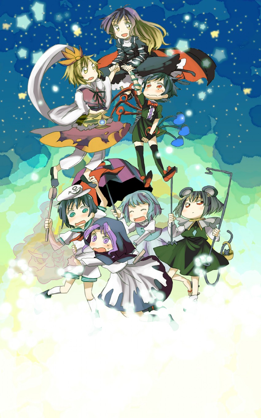 tatara kogasa, nazrin, hijiri byakuren, houjuu nue, toramaru shou, and 3 more (touhou and 1 more) drawn by hachi_(8bit_canvas)