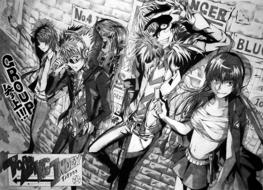 accelerator, musujime awaki, tsuchimikado motoharu, unabara mitsuki, and etzali (toaru majutsu no index and 1 more) drawn by neko_(yanshoujie)