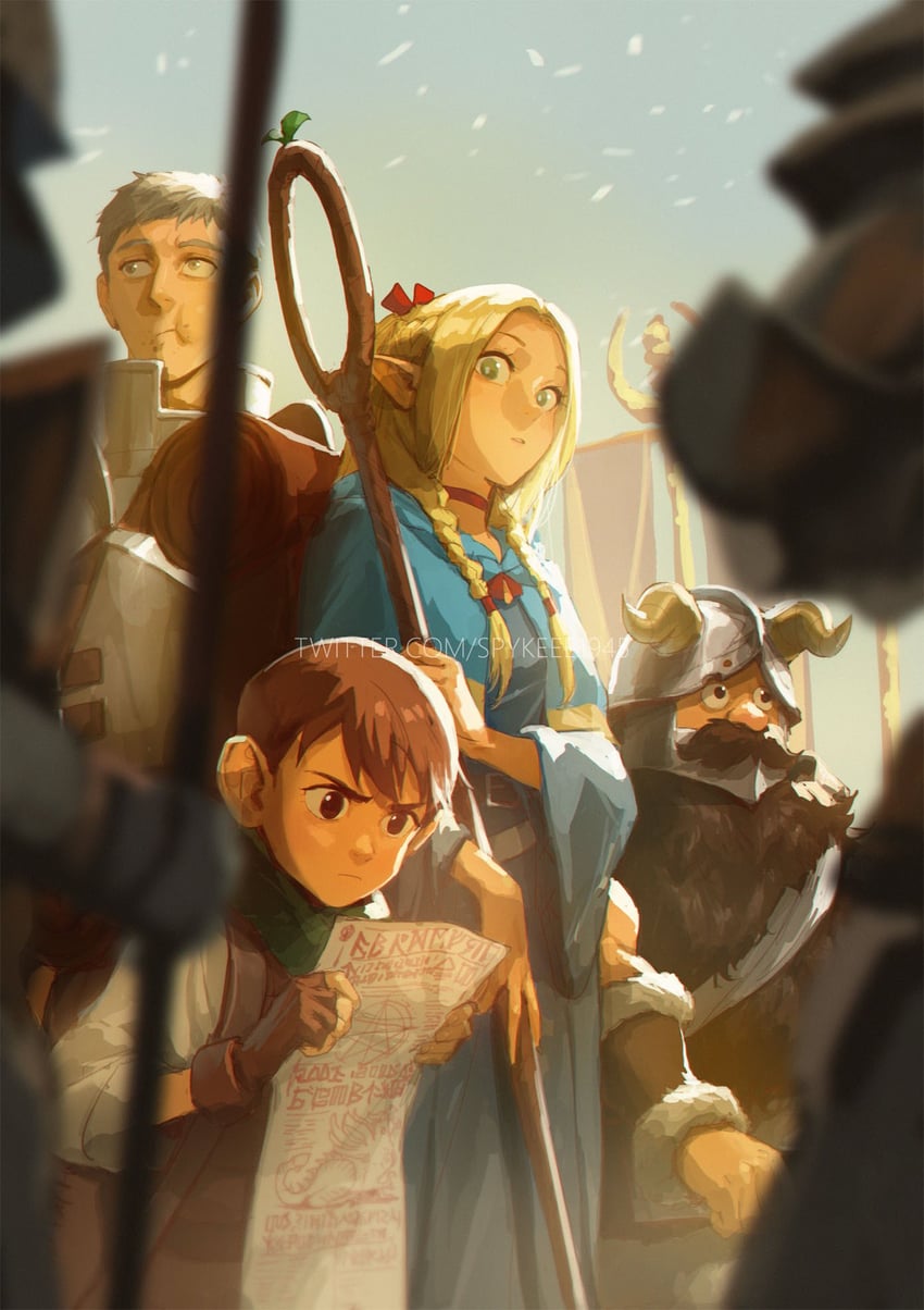 marcille donato, laios touden, senshi, and chilchuck tims (dungeon meshi) drawn by spykeee