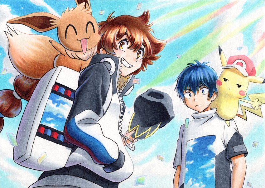 pikachu, eevee, gotcha! girl, and gotcha! boy (pokemon and 1 more) drawn by oka_mochi