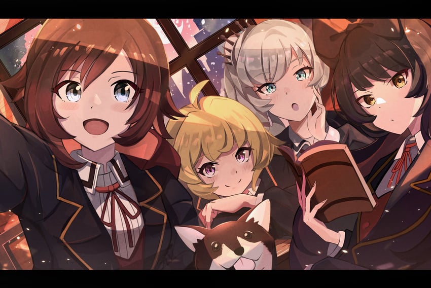 ruby rose, weiss schnee, yang xiao long, blake belladonna, and zwei (rwby) drawn by umiru