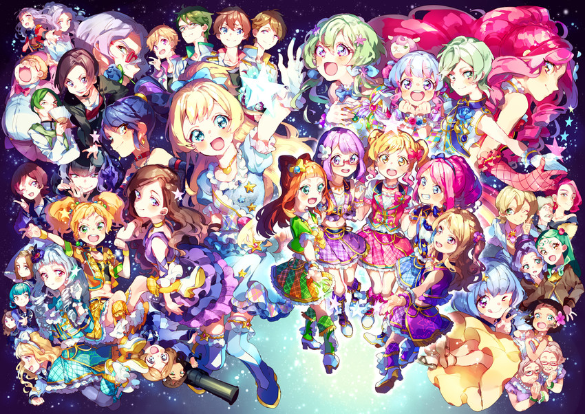 nijino yume, sakuraba rola, saotome ako, kasumi mahiru, shirogane lily, and 33 more (aikatsu! and 1 more) drawn by iukawa_hamosaku