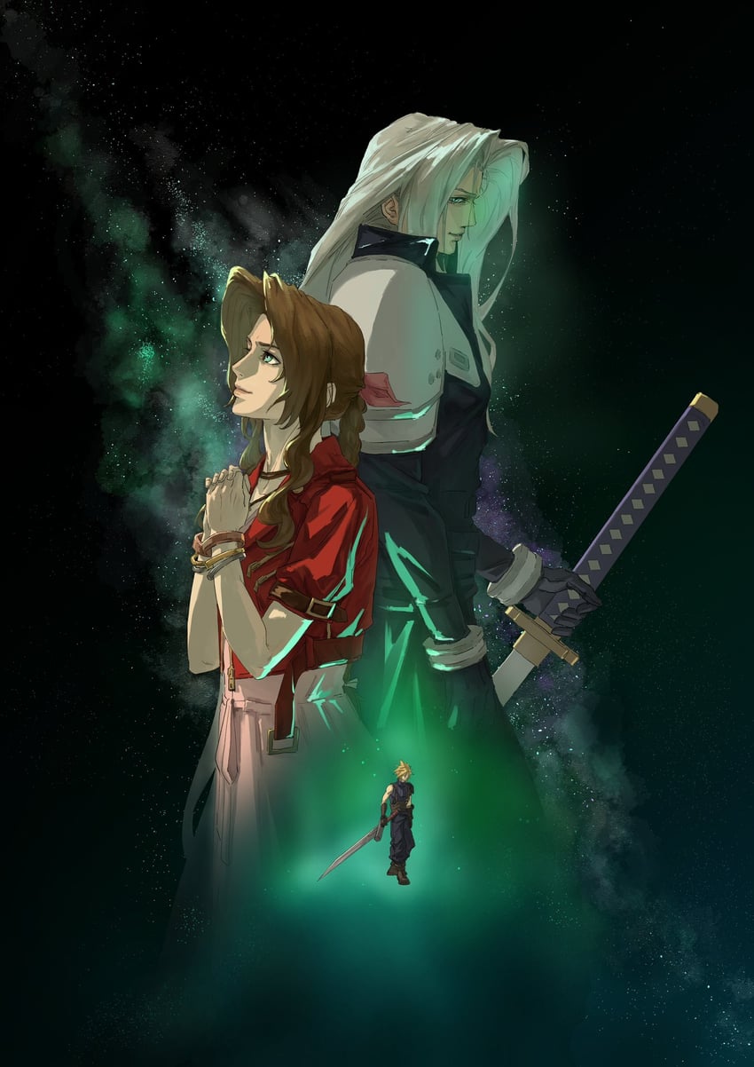 cloud strife, aerith gainsborough, and sephiroth (final fantasy and 3 more) drawn by xiojio293506