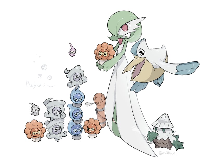 gardevoir, puyo, torkoal, pelipper, castform, and 1 more (pokemon and 1 more) drawn by sok_(mr14_c)