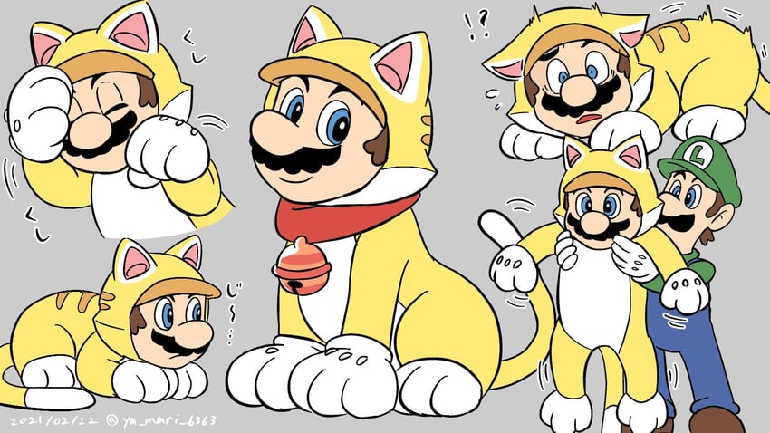 mario, luigi, and cat mario (mario and 1 more) drawn by ya_mari_6363