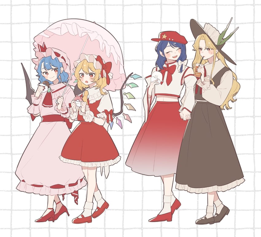 remilia scarlet, flandre scarlet, jacket girl, and label girl (touhou and 1 more) drawn by laspberry.