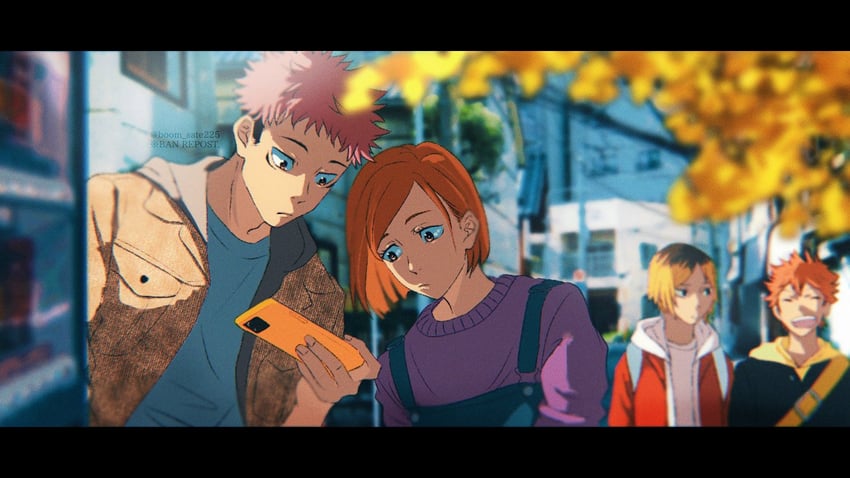 itadori yuuji, kugisaki nobara, hinata shouyou, and kozume kenma (jujutsu kaisen and 1 more) drawn by arashi_(boom_sate225)