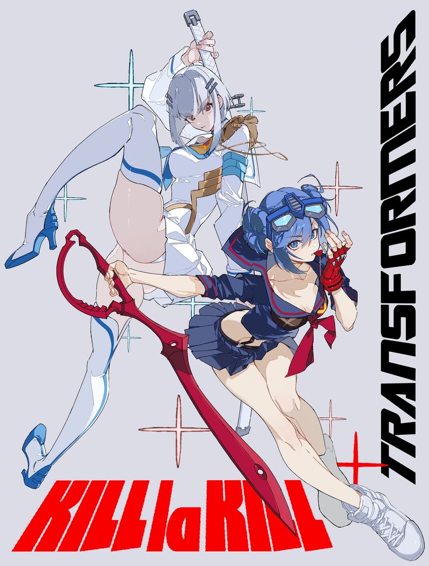 matoi ryuuko, kiryuuin satsuki, optimus prime, and megatron (kill la kill and 2 more) drawn by anthonykaen