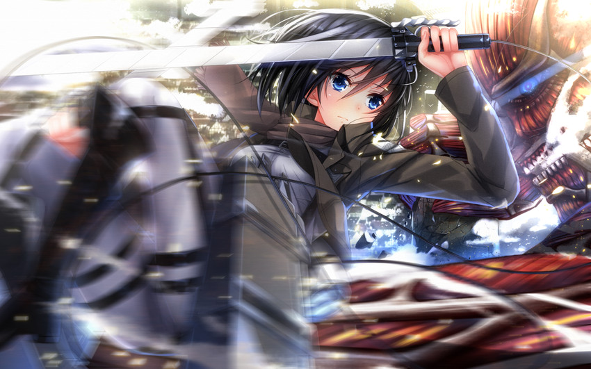 mikasa ackerman, titan, and colossal titan (shingeki no kyojin) drawn by swordsouls