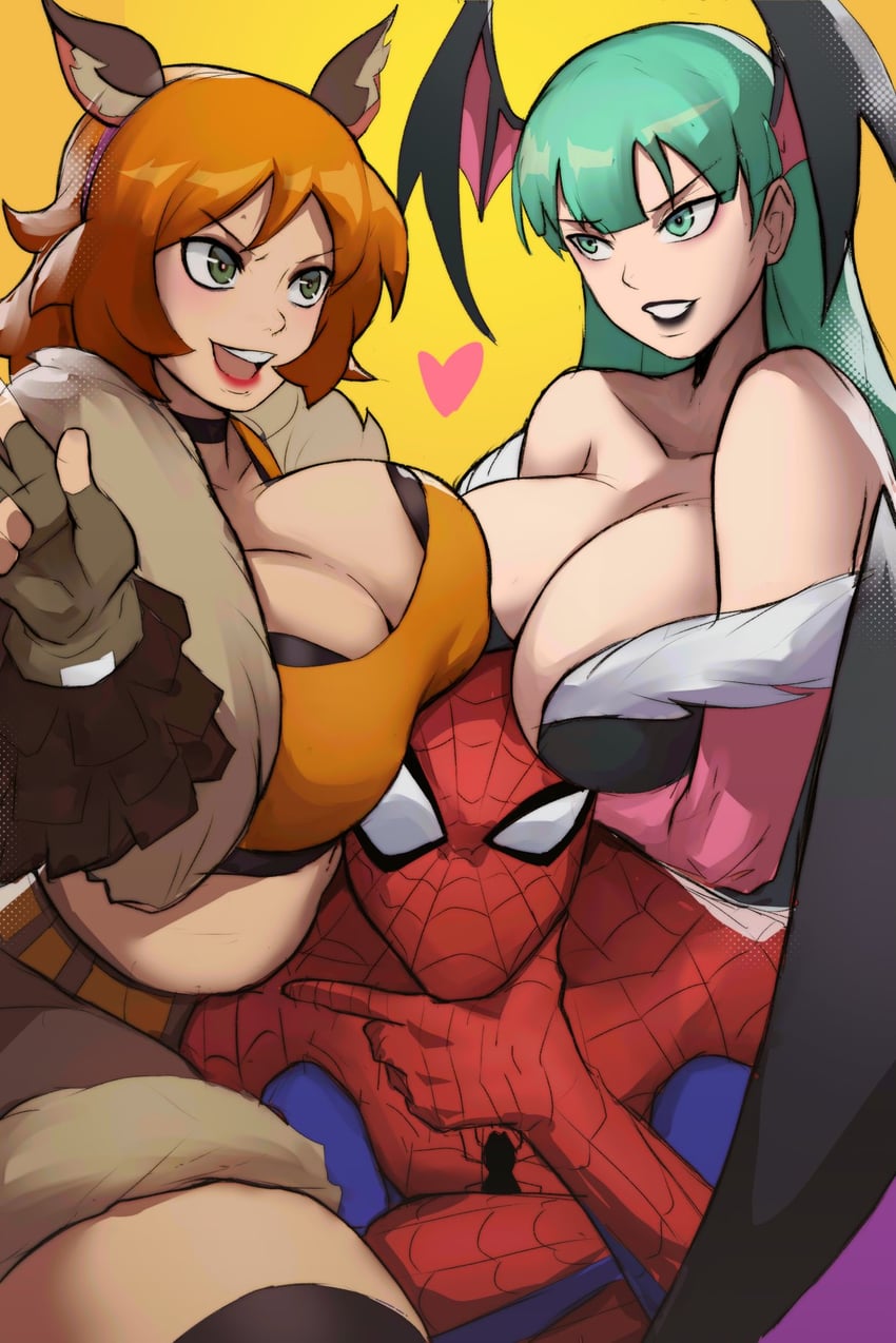 morrigan aensland, spider-man, and squirrel girl (marvel and 4 more) drawn by funi_xd