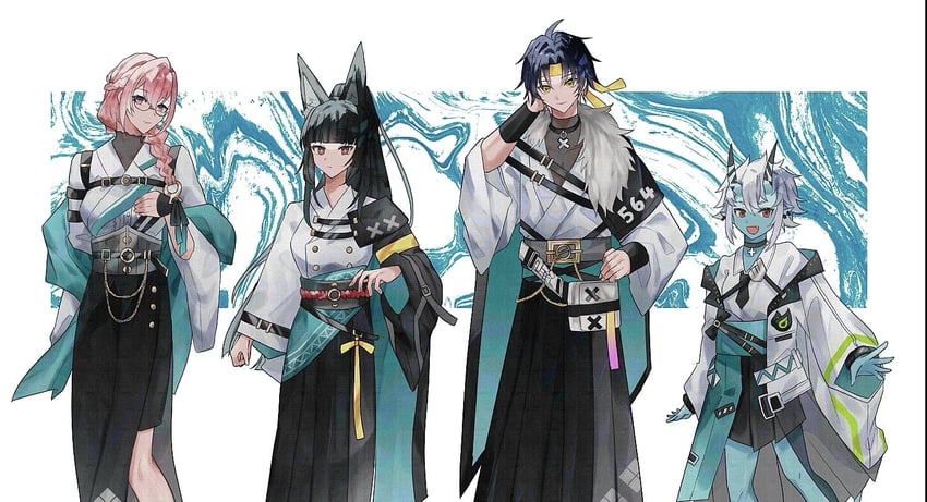 hoshimi miyabi, tsukishiro yanagi, soukaku, and asaba harumasa (zenless zone zero) drawn by kaixinjiuhao52127