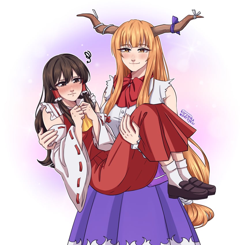 hakurei reimu and ibuki suika (touhou) drawn by korzynka_persykiv