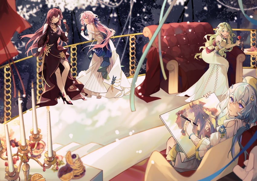 elysia, raiden mei, mobius, griseo, and eden (honkai and 1 more) drawn by fuzijo