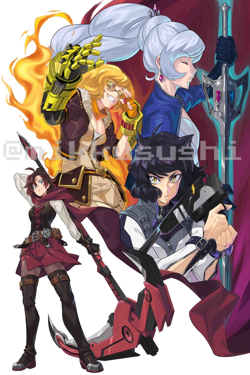 ruby rose, weiss schnee, yang xiao long, and blake belladonna (rwby) drawn by mikkusushi