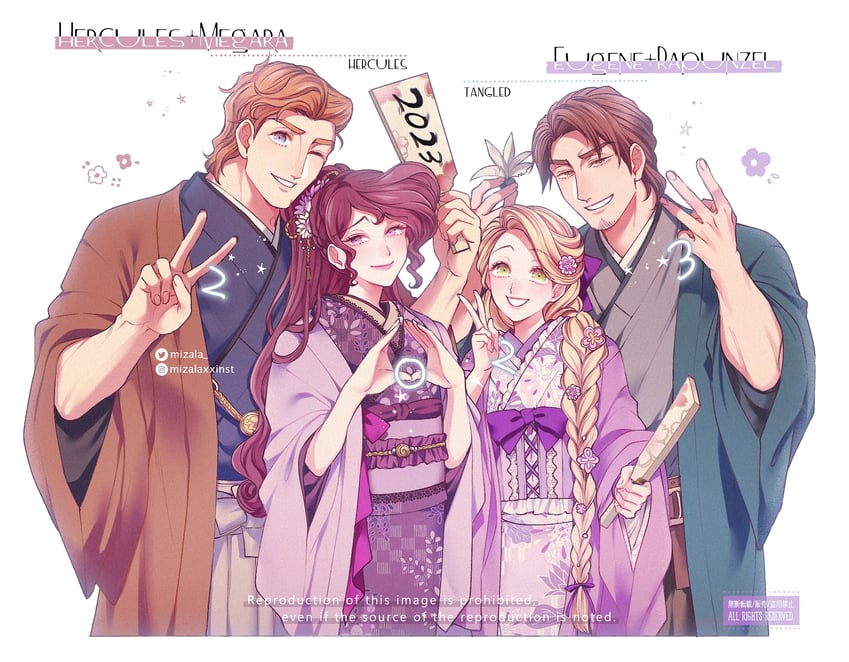 rapunzel, megara, hercules, and flynn rider (disney and 2 more) drawn by mizala