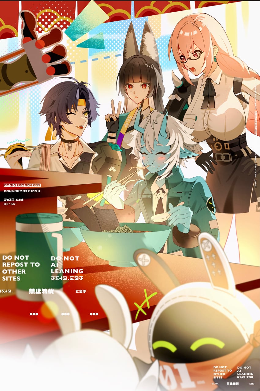 hoshimi miyabi, tsukishiro yanagi, eous, soukaku, and asaba harumasa (zenless zone zero) drawn by naru9