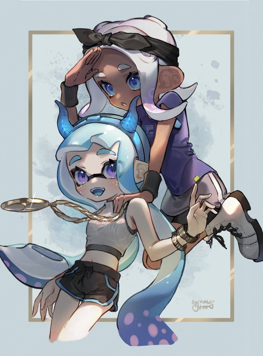 inkling player character, inkling girl, octoling player character, and octoling girl (splatoon) drawn by osakana_aji