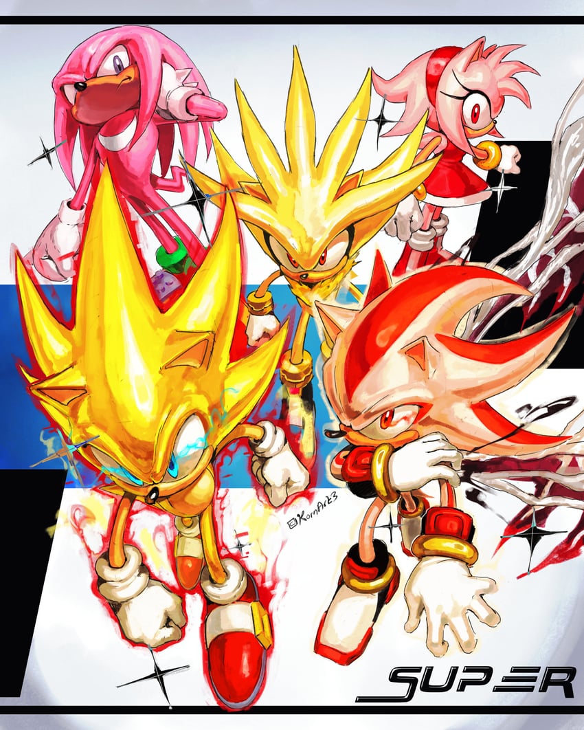 sonic the hedgehog, shadow the hedgehog, amy rose, knuckles the echidna, silver the hedgehog, and 6 more (dragon ball and 4 more) drawn by kornart