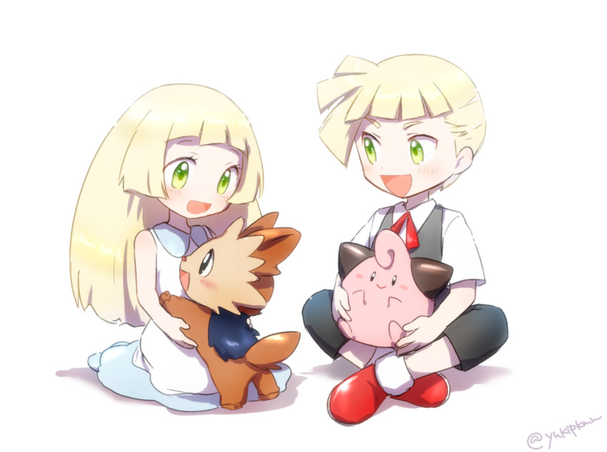 lillie, gladion, cleffa, and lillipup (pokemon and 1 more) drawn by yuki56