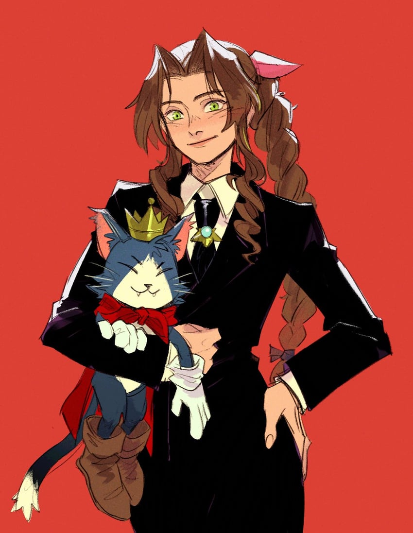 aerith gainsborough and cait sith (final fantasy and 3 more) drawn by unlckdrat