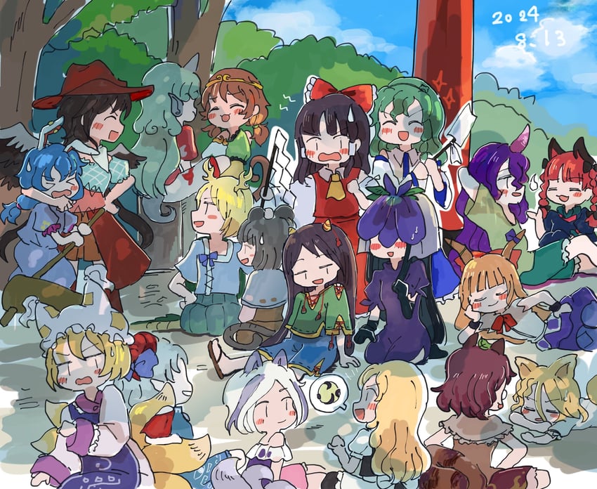 hakurei reimu, kirisame marisa, kochiya sanae, yakumo ran, kaenbyou rin, and 14 more (touhou and 1 more) drawn by rome35793562