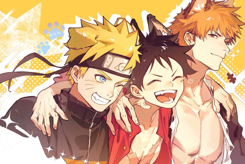monkey d. luffy, uzumaki naruto, and kurosaki ichigo (one piece and 3 more) drawn by xuchuan
