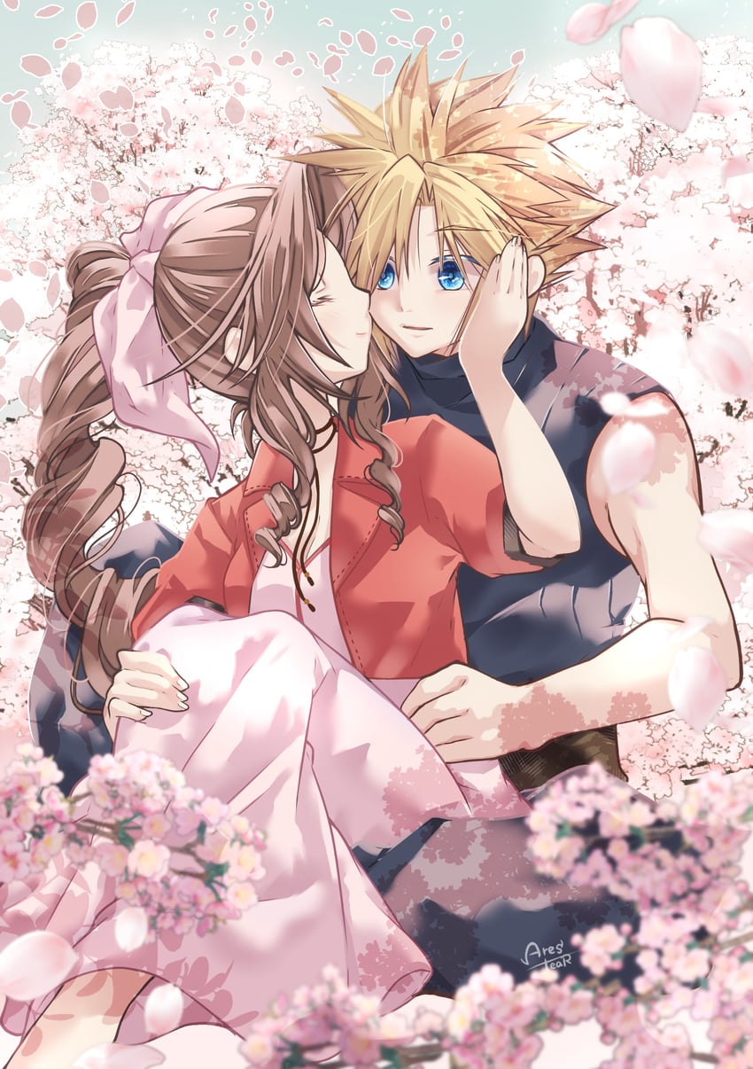 cloud strife and aerith gainsborough (final fantasy and 2 more) drawn by arestear0701